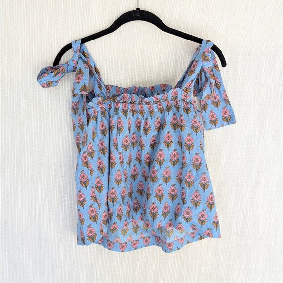 Marea Blue Floral Tie Shoulder Sleeveless Cotton Blouse Top, size XL - Picture 2 of 7